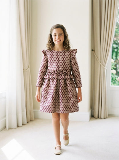 Vestido mikado rombos granates con volantes