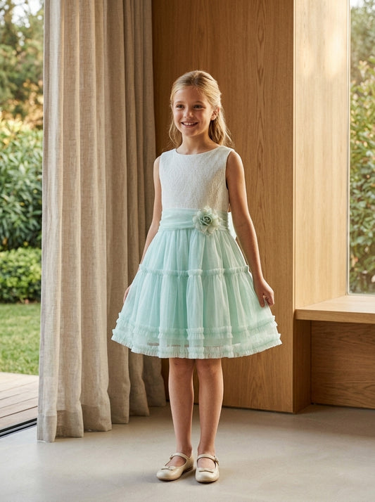 Vestido cuerpo brocado verde y falda tul verde mint