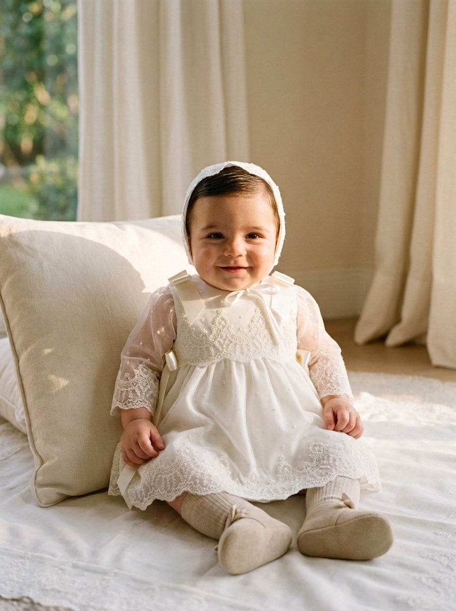 Vestido tul bordado beig con capota y braguita