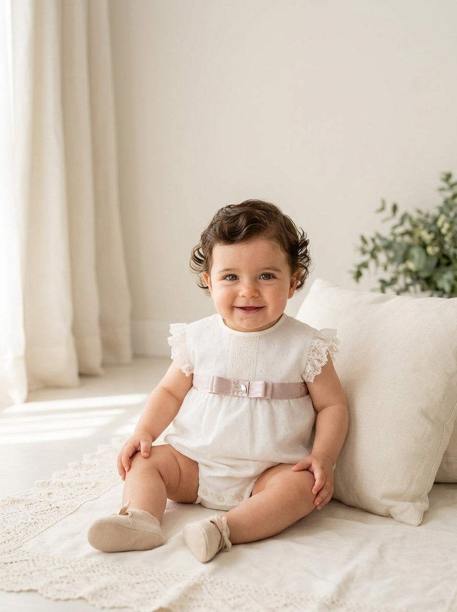 Pelele organza beige bordada cinta de raso tostada