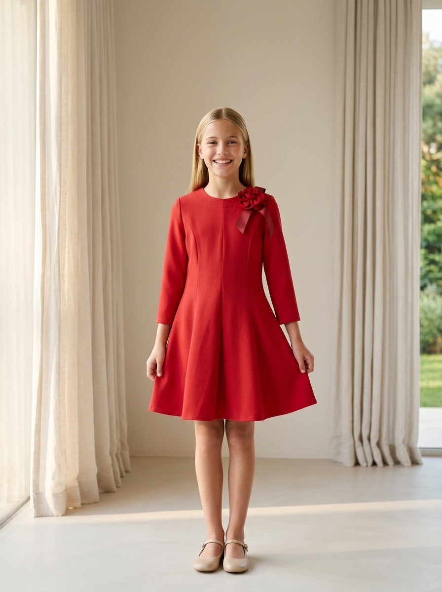 Vestido punto roma rojo detalle floral lateral