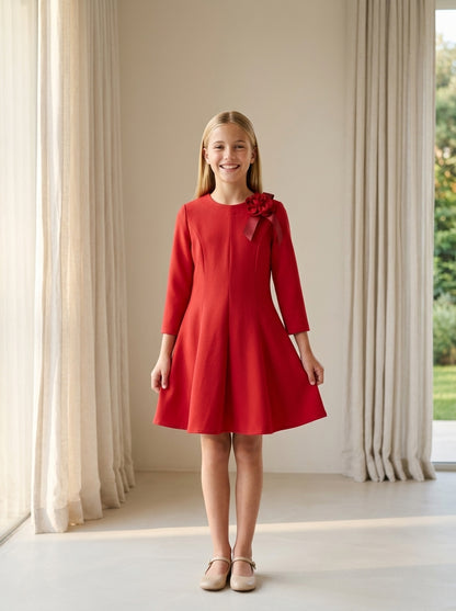 Vestido punto roma rojo detalle floral lateral