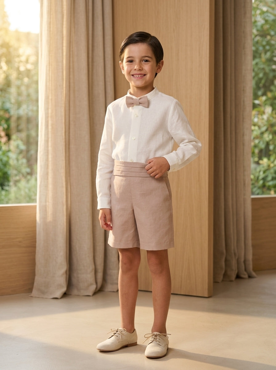 Conjunto camisa lino con pajarita rosa y short lino rosa empolvado fajin tablas