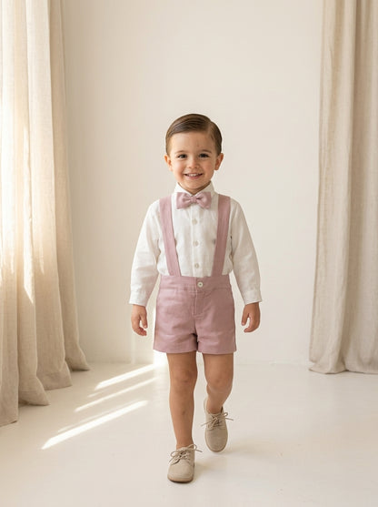 Conjunto camisa beig y short con tirantes rosa
