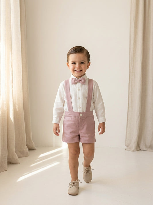 Conjunto camisa beig y short con tirantes rosa
