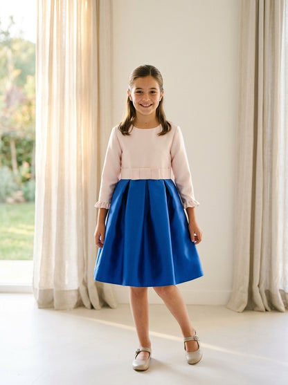 Vestido mikado rosa y azulon con lazo