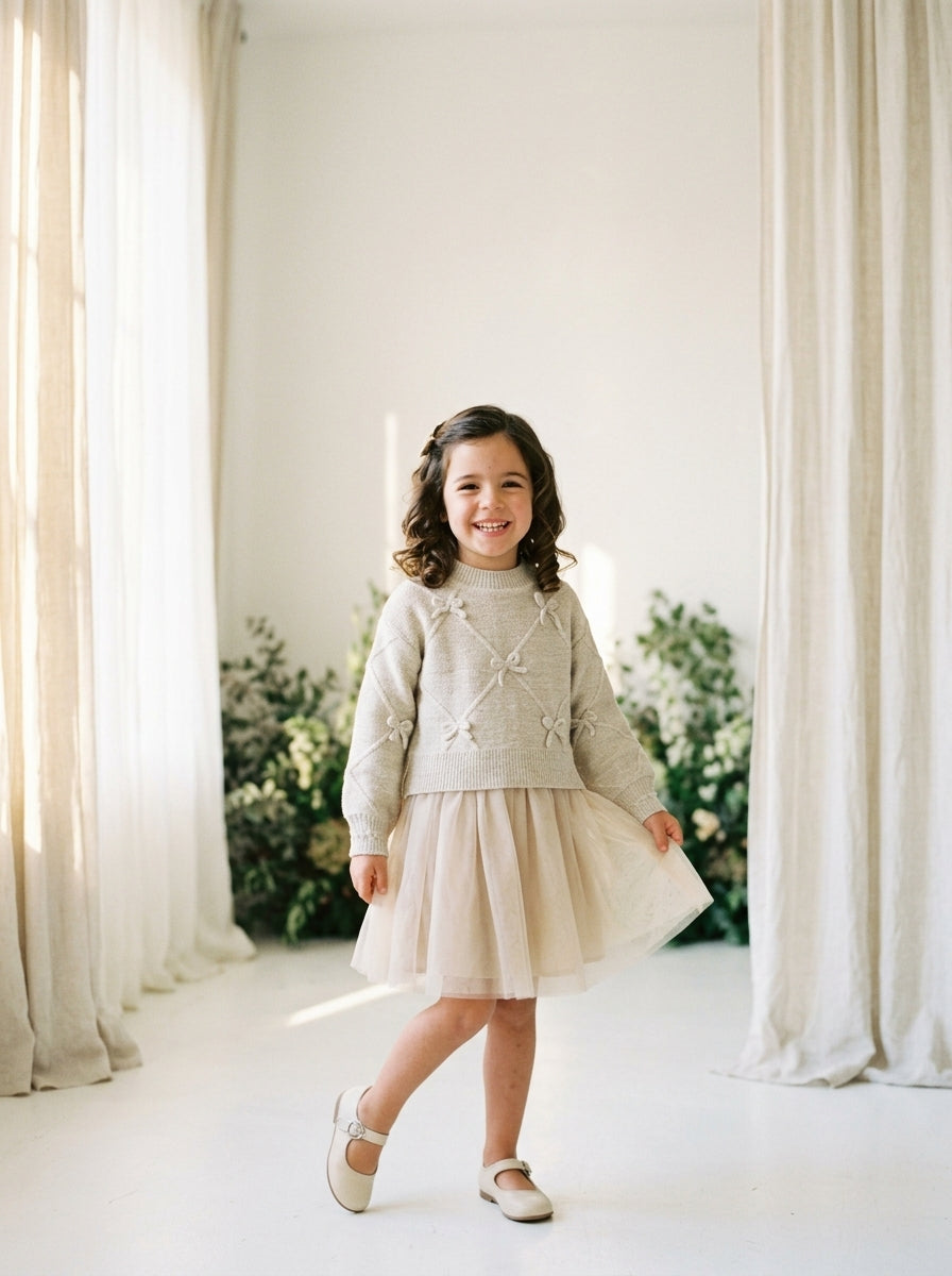 Conjunto vestido tul y jersey tostado con lazos y brillitos
