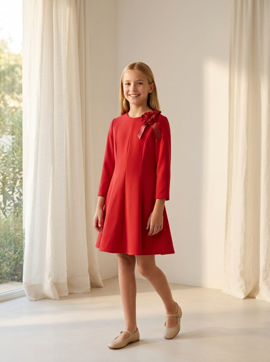 Vestido punto roma rojo detalle floral lateral