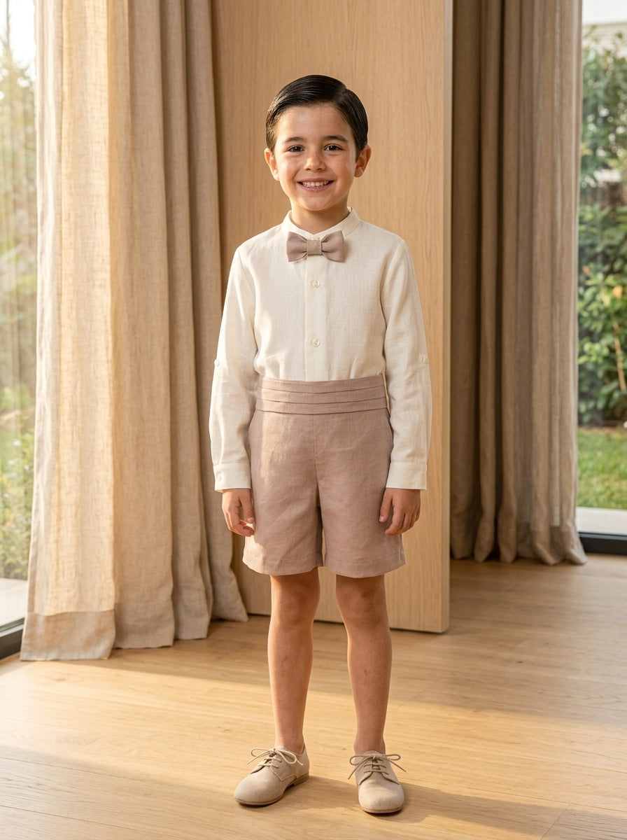 Conjunto camisa lino con pajarita rosa y short lino rosa empolvado fajin tablas