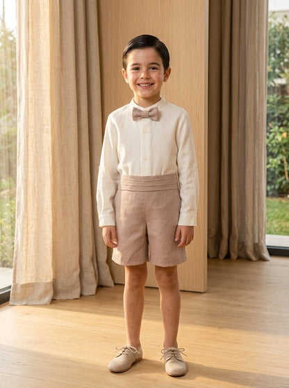 Conjunto camisa lino con pajarita rosa y short lino rosa empolvado fajin tablas