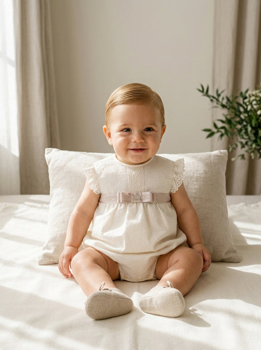Pelele organza beige bordada cinta de raso tostada