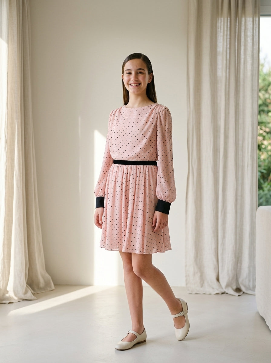 Vestido rosa con topitos negros y terciopelo negro