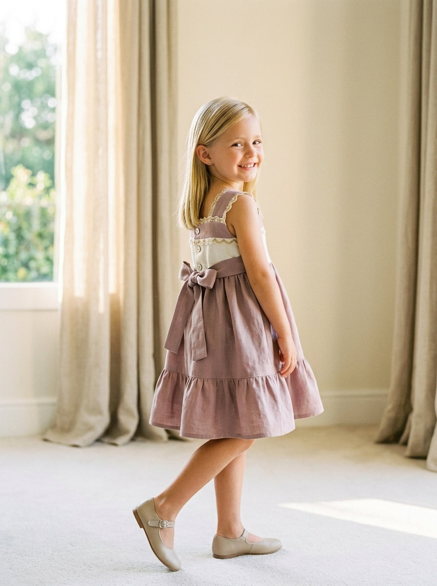 Vestido tirantes lino malva con puntillas