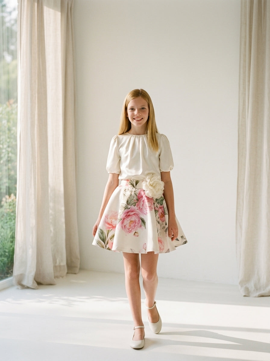Conjunto blusa saten beig y falda estampada flores con rosetón