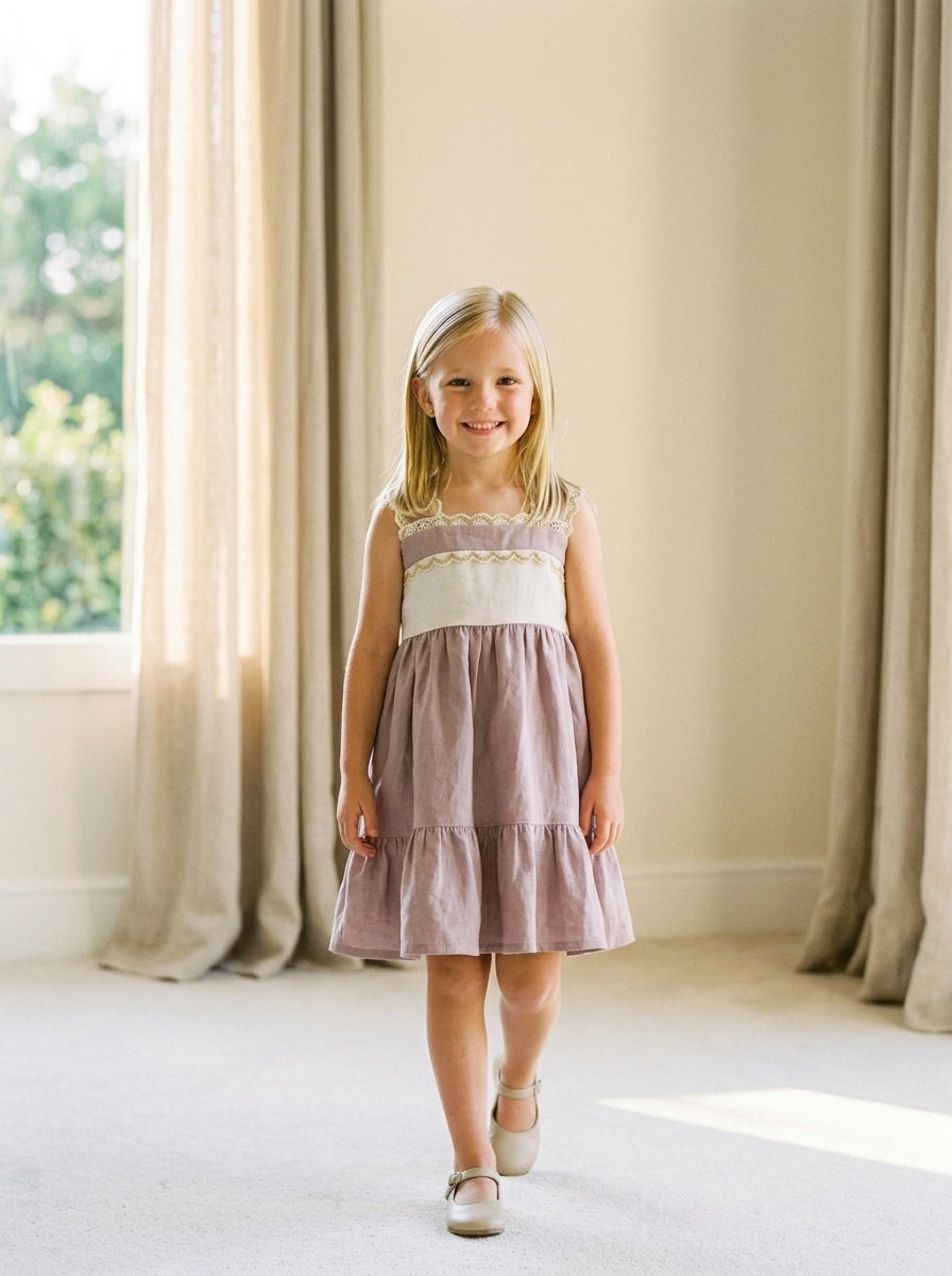Vestido tirantes lino malva con puntillas