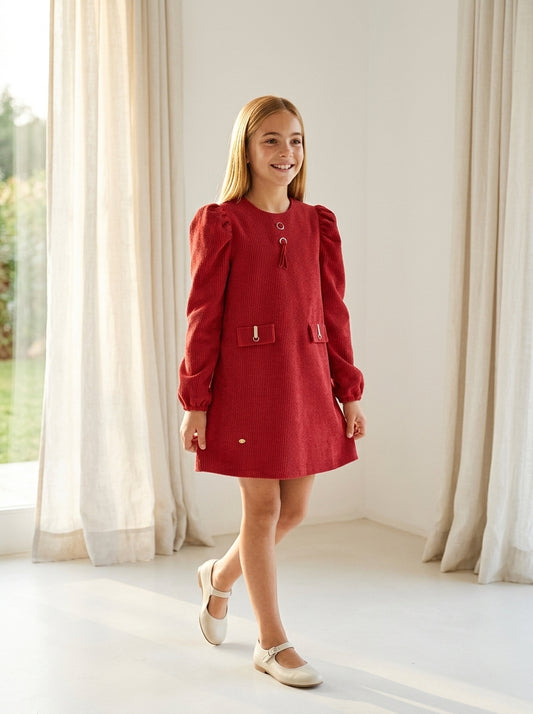 Vestido pana rojo con detalle bolsillos "Pespunte"
