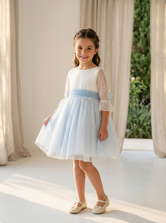 Vestido tul de plumeti blanco y azul manga francesa