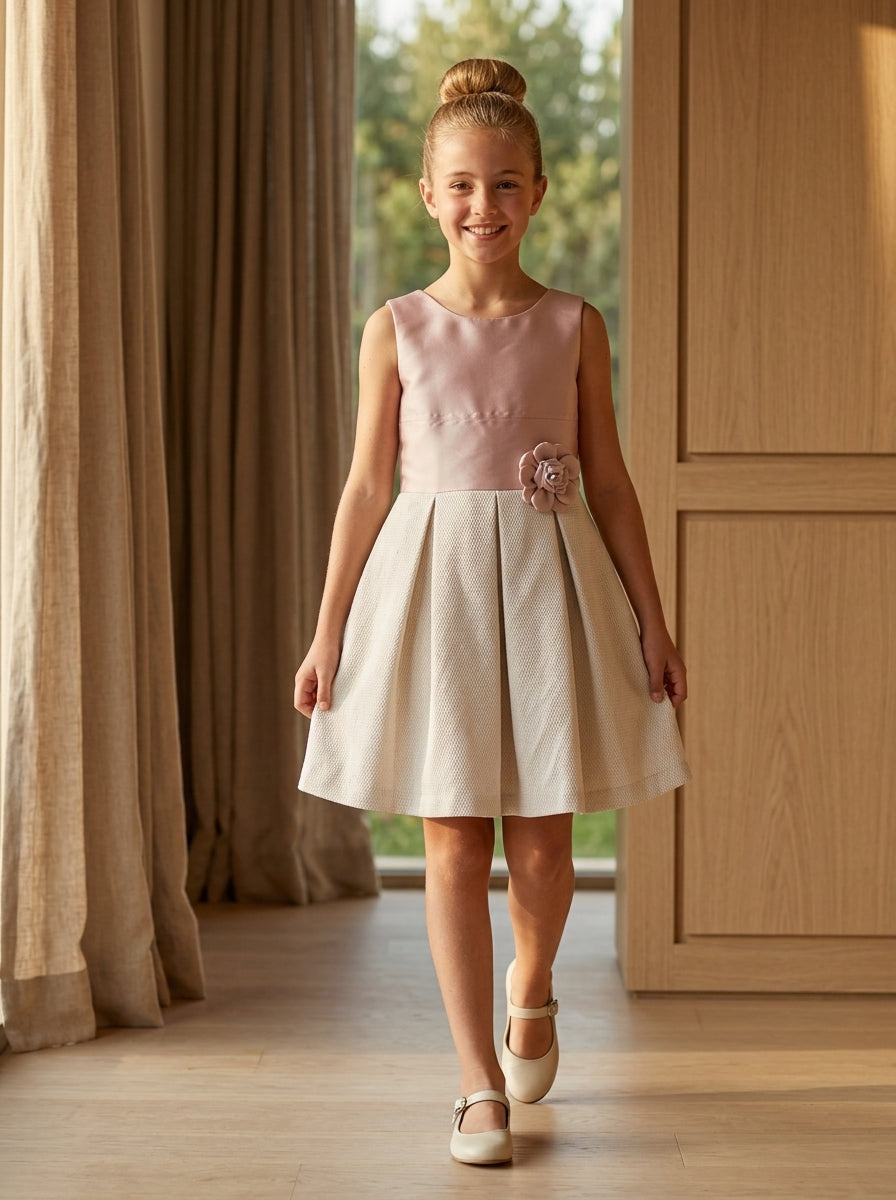 Vestido cuerpo mikado rosa y falda brocado rosa