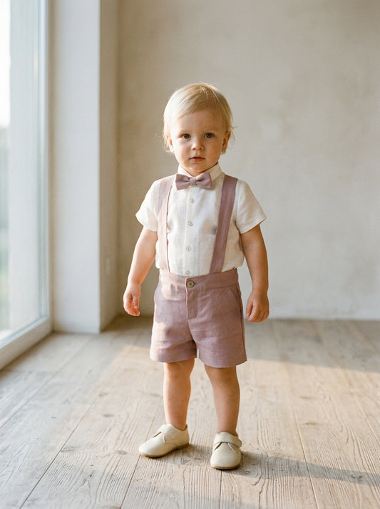 Conjunto camisa beig y short con tirantes rosa empolvado
