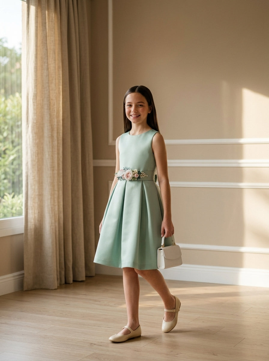 Vestido mikado verde con fajin de flores rosas