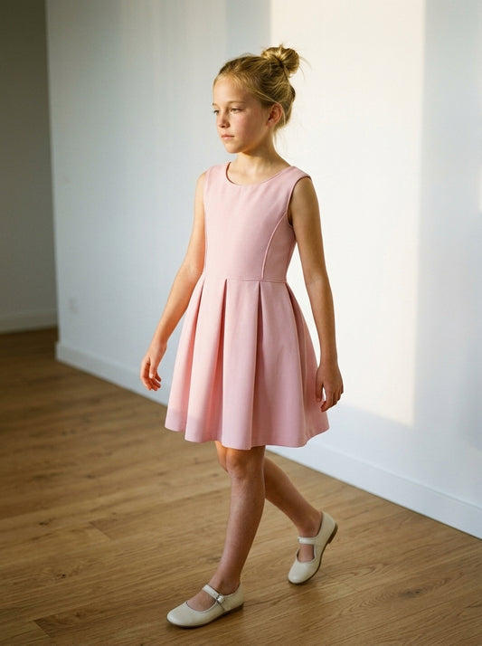 Vestido mikado rosa cuadrille con falda tablas