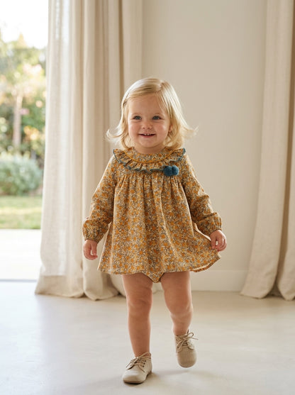 Vestido estampado flores turquesas y mostazas "Simba"