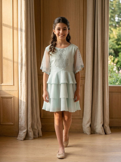Vestido verde con volantes y mangas de tul transparentes