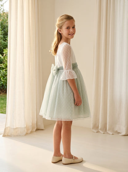 Vestido tul de plumeti blanco y azul manga francesa