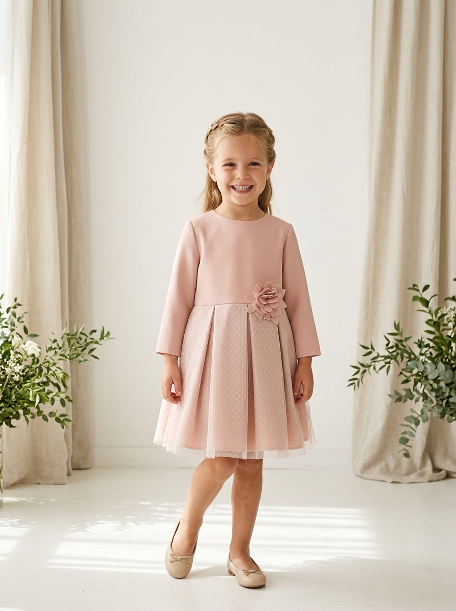 Vestido infantil neopreno y tul rosa empolvado con manga