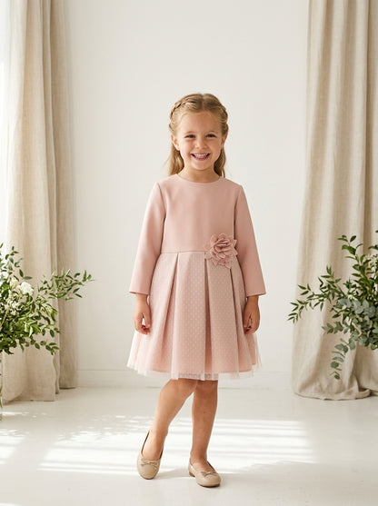 Vestido infantil neopreno y tul rosa empolvado con manga