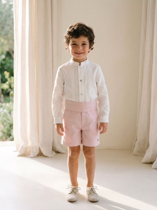 Conjunto camisa beig, short y fajín rosa