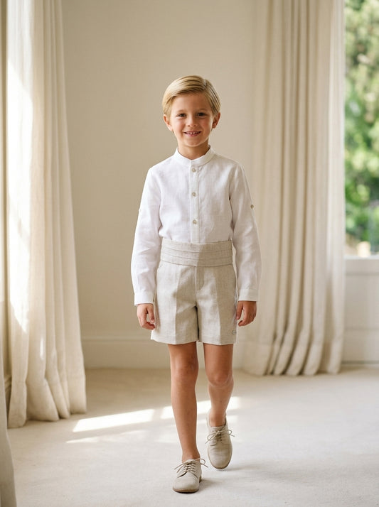 Conjunto camisa beig, short y fajín lino tostado
