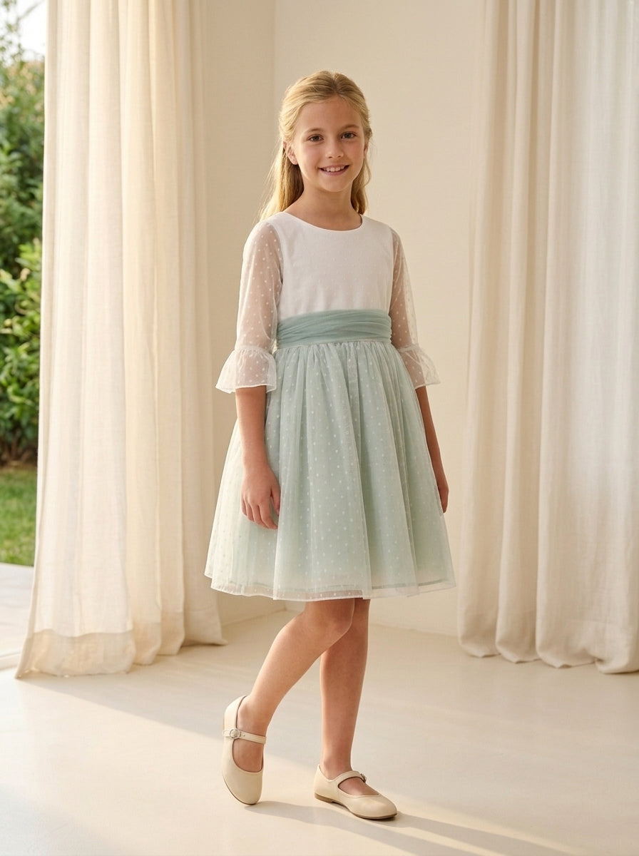 Vestido tul de plumeti blanco y azul manga francesa