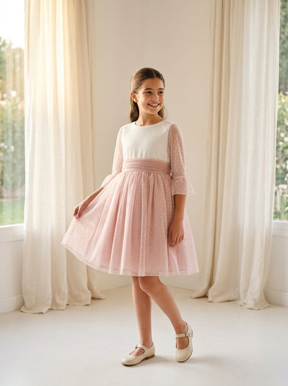 Vestido tul de plumeti blanco y azul manga francesa