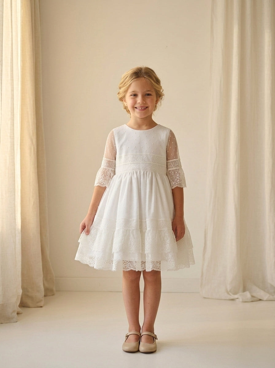Vestido puntillas y tul bordado blanco