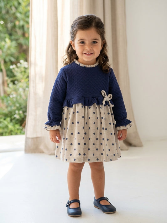 Vestido gris y marino con topitos