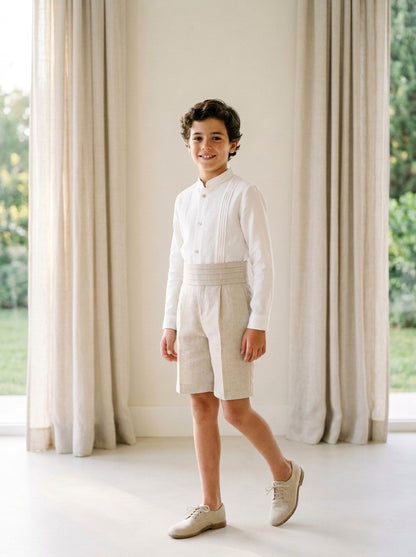 Conjunto camisa lino beig y short rafia tostado con fajin