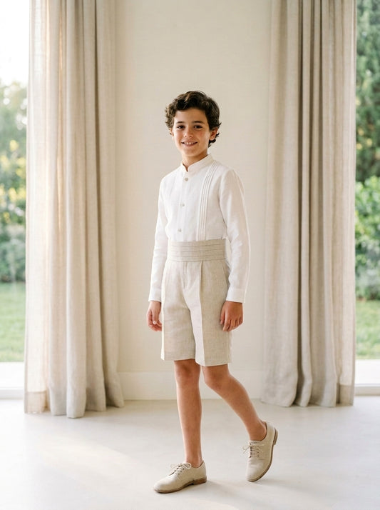 Conjunto camisa lino beig y short rafia tostado con fajin