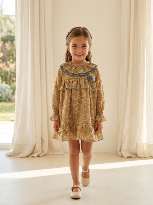 Vestido estampado flores turquesa y mostaza "Simba"
