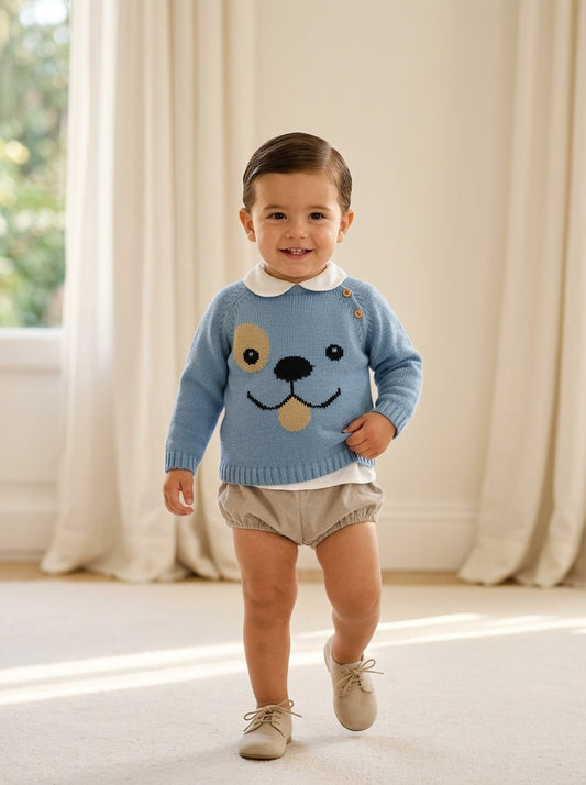 Conjunto 3 piezas, camisa, jersey azul con perrito y bombacho arena