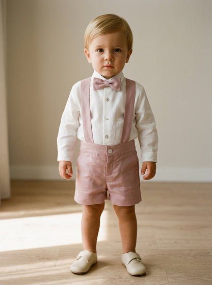 Conjunto camisa beig y short con tirantes rosa