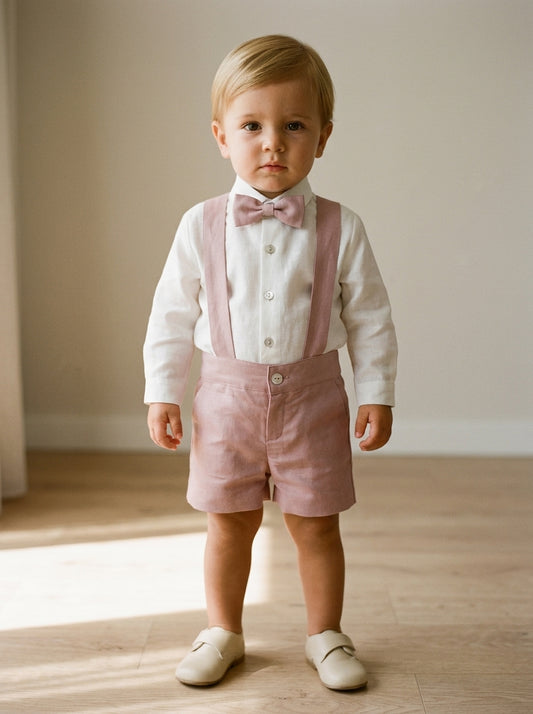 Conjunto camisa beig y short con tirantes rosa