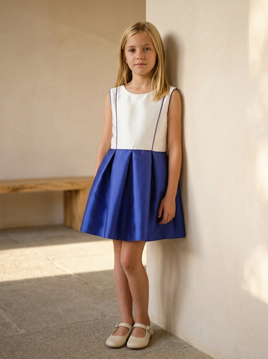 Vestido cuerpo mikado blanco y falda azulona