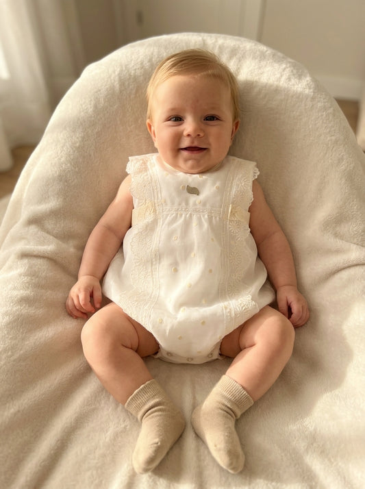 Pelele beige organza bordada y puntilla