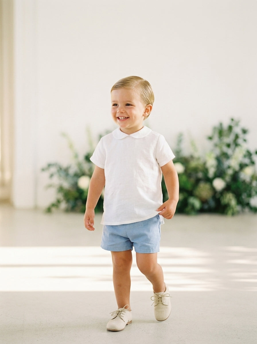 Conjunto camisa blanco roto y short azul empolvado