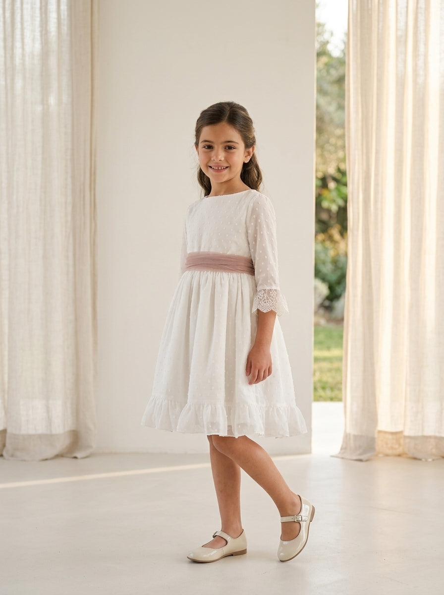 Vestido plumeti gasa blanca y fajin rosa empolvado GAIA