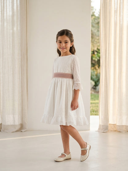 Vestido plumeti gasa blanca y fajin rosa empolvado GAIA