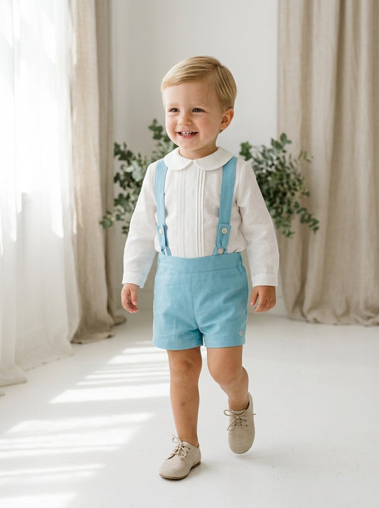 Conjunto tirantes verde mar y camisa blanca