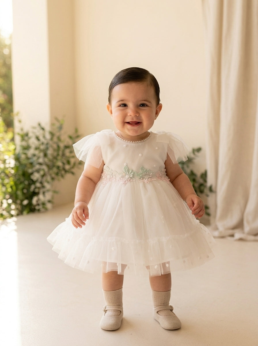 Vestido tul de plumeti blanco roto y puntilla guipur