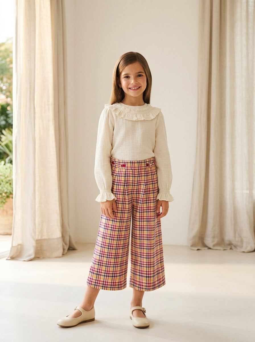 Pantalón culotte cuadros mostaza